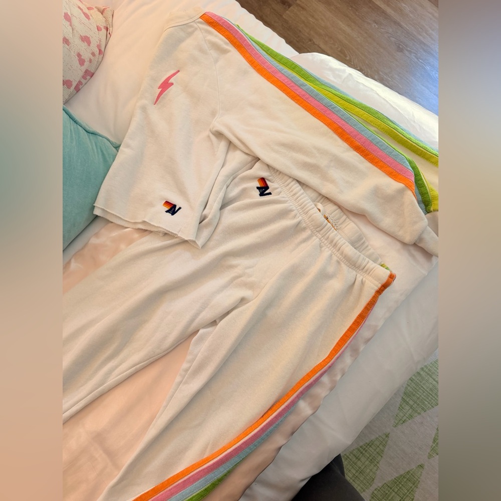 Aviator Nation White Sweat Set with Rainbow Side Stripes - Picture 6 of 6